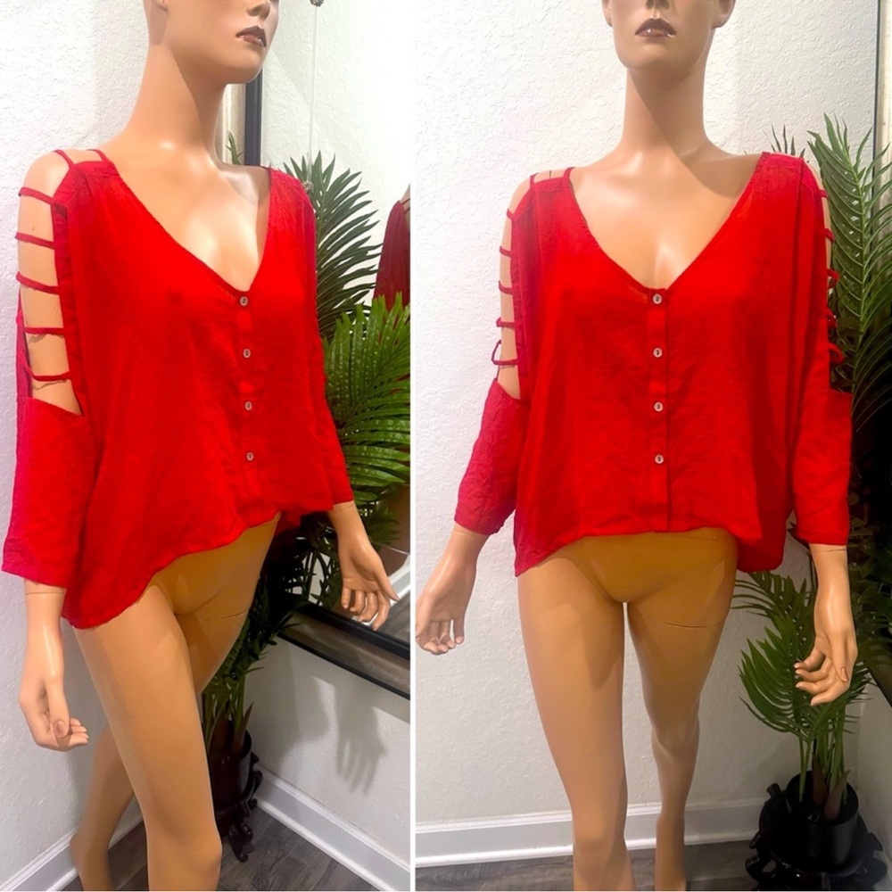 Cotton Candy Red Blouse with Strappy Sleeves M